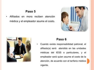 Paso 5
• Afiliados en mora reciben atención
médica y el empleador asume el costo.
Paso 6
• Cuando exista responsabilidad patronal, el
afiliado(a) será atendido en las unidades
médicas del IESS o particulares, y el
empleador será quien asume el costo de la
atención, de acuerdo con el tarifario médico
vigente.
 