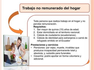 Prestaciones y servicios
• Pensiones: por vejez, muerte, invalidez que
produzca incapacidad permanente total y
absoluta; y, subsidio para funerales.
• Cesantía: podrá aportar en forma voluntaria y
adicional.
Trabajo no remunerado del hogar
Toda persona que realiza trabajo en el hogar y no
percibe remuneración.
Requisitos:
1. Ser mayor de quince (15) años de edad;
2. Estar domiciliado en el territorio nacional;
3. Cédula de ciudadanía (ecuatorianos);
4. Cédula de identidad para extranjeros o carné de
refugiado emitido en el Ecuador
 