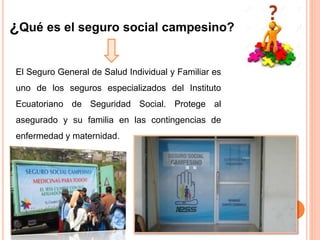 ¿Qué es el seguro social campesino?
El Seguro General de Salud Individual y Familiar es
uno de los seguros especializados del Instituto
Ecuatoriano de Seguridad Social. Protege al
asegurado y su familia en las contingencias de
enfermedad y maternidad.
 