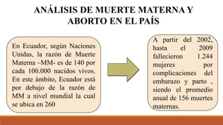 ANÁLISIS DE MUERTE MATERNA Y
ABORTO EN EL PAÍS
En Ecuador, según Naciones
Unidas, la razón de Muerte
Materna –MM- es de 140 por
cada 100.000 nacidos vivos.
En este ámbito, Ecuador está
por debajo de la razón de
MM a nivel mundial la cual
se ubica en 260
A partir del 2002,
hasta el 2009
fallecieron 1.244
mujeres por
complicaciones del
embarazo y parto ,
siendo el promedio
anual de 156 muertes
maternas.
 