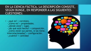 EN LA CIENCIA FÁCTICA, LA DESCRIPCIÓN CONSISTE,
SEGÚN BUNGE, EN RESPONDER A LAS SIGUIENTES
CUESTIONES:
• - ¿qué es? > correlato.
- ¿cómo es? > propiedades.
- ¿dónde está? > lugar.
- ¿de qué está hecho? > composición.
- ¿cómo están sus partes, si las tiene,
interrelacionadas? > configuración.
- ¿cuánto? > cantidad
 
