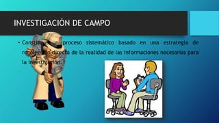 INVESTIGACIÓN DE CAMPO
• Constituye un proceso sistemático basado en una estrategia de
recolección directa de la realidad de las informaciones necesarias para
la investigación.
 