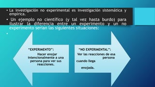 • La investigación no experimental es investigación sistemática y
empírica.
• Un ejemplo no científico (y tal vez hasta burdo) para
ilustrar la diferencia entre un experimento y un no
experimento serían las siguientes situaciones:
•
“EXPERIMENTO”:
Hacer enojar
intencionalmente a una
persona para ver sus
reacciones.
“NO EXPERIMENTAL”:
Ver las reacciones de esa
persona
cuando llega
enojada.
 
