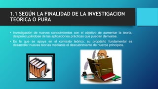 1.1 SEGÚN LA FINALIDAD DE LA INVESTIGACION
TEORICA O PURA
• Investigación de nuevos conocimientos con el objetivo de aumentar la teoría,
despreocupándose de las aplicaciones prácticas que puedan derivarse.
• Es la que se apoya en el contexto teórico, su propósito fundamental es
desarrollar nuevas teorías mediante el descubrimiento de nuevos principios.
 