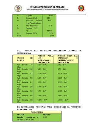UNIVERSIDAD TÉCNICA DE AMBATO
FACULTAD DE INGENIERÍA EN SISTEMAS, ELECTRÓNICA E INDUSTRIAL
1-. Alquiler $250
2-. Contrato CNT $20
3.- Servicios Básicos
(Luz/Agua/telefono)
$30
4-. SRI (Impuestos) $10
5-. Sueldos (375*
4) $1600
6-. Seguros 20% $320
Total 2630
2.12. PRECIO DEL PRODUCTO INCLUYENDO CANALES DE
DISTRIBUCIÓN
ANCHO DE
BANDA
PRECIO PARA
LOS
MORADORES
DEL SECTOR
PRECIO PARA LAS
EMPRESAS E
INSTITUCIONES
(DEDICADO)
Red Privada 128
Kbps
$ 16 + IVA $ 60 + IVA
Red Privada 256
Kbps
$ 20 + IVA $ 75 + IVA
Red Privada 512
Kbps
$ 24 + IVA $ 125 + IVA
Red Privada 1.0
Mbps
$ 28 + IVA $ 215 + IVA
Red Privada 1.5
Mbps
$ 35 + IVA $ 295 + IVA
Red Privada 2.0
Mbps
$ 45 + IVA $ 390 + IVA
Red Privada 3.0
Mbps
$ 70 + IVA $ 485 + IVA
Red Privada 4.0
Mbps
$ 95 + IVA $ 680 + IVA
Red Privada 6.0
Mbps
$ 130 + IVA $ 1100 + IVA
2.13 ESTABLECER ACCIONES PARA INTRODUCIR EL PRODUCTO
EN EL MERCADO
PROMOCIÓN
ACCIÓN PRECIO
Regalar calendarios a
clientes en fin de año
$100
 