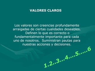 Los valores son creencias profundamente
arraigadas de ciertas cualidades deseables.
Definen lo que es correcto o
fundamentalmente importante para cada
uno de nosotros. Suministran pautas para
nuestras acciones y decisiones.
VALORES CLAROS
1.2..3…4….5…..6
 