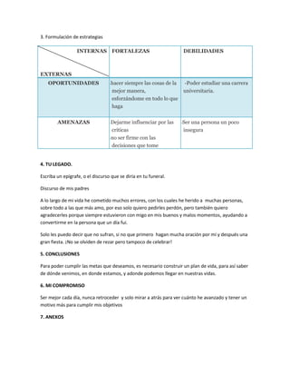 3. Formulación de estrategias
INTERNAS
EXTERNAS
FORTALEZAS DEBILIDADES
OPORTUNIDADES  -hacer siempre las cosas de la
mejor manera,
esforzándome en todo lo que
haga
-Poder estudiar una carrera
universitaria.
AMENAZAS  -Dejarme influenciar por las
criticas
 -no ser firme con las
decisiones que tome
 -Ser una persona un poco
insegura
4. TU LEGADO.
Escriba un epígrafe, o el discurso que se diría en tu funeral.
Discurso de mis padres
A lo largo de mi vida he cometido muchos errores, con los cuales he herido a muchas personas,
sobre todo a las que más amo, por eso solo quiero pedirles perdón, pero también quiero
agradecerles porque siempre estuvieron con migo en mis buenos y malos momentos, ayudando a
convertirme en la persona que un día fui.
Solo les puedo decir que no sufran, si no que primero hagan mucha oración por mí y después una
gran fiesta. ¡No se olviden de rezar pero tampoco de celebrar!
5. CONCLUSIONES
Para poder cumplir las metas que deseamos, es necesario construir un plan de vida, para así saber
de dónde venimos, en donde estamos, y adonde podemos llegar en nuestras vidas.
6. MI COMPROMISO
Ser mejor cada día, nunca retroceder y solo mirar a atrás para ver cuánto he avanzado y tener un
motivo más para cumplir mis objetivos
7. ANEXOS
 