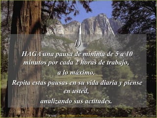 1)1)
HAGA una pausa de mínima de 5 a 10HAGA una pausa de mínima de 5 a 10
minutos por cada 2 horas de trabajo,minutos por cada 2 horas de trabajo,
a lo máximo.a lo máximo.
Repita estas pausas en su vida diaria y pienseRepita estas pausas en su vida diaria y piense
en usted,en usted,
analizando sus actitudes.analizando sus actitudes.
Visita: www.RenuevoDePlenitud.com
 