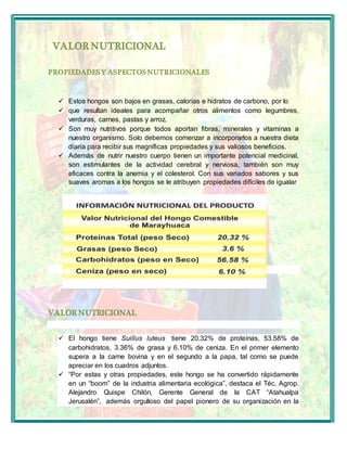 VALOR NUTRICIONAL 
PROPIEDADES Y ASPECTOS NUTRICIONALES 
 Estos hongos son bajos en grasas, calorías e hidratos de carbono, por lo 
 que resultan ideales para acompañar otros alimentos como legumbres, 
verduras, carnes, pastas y arroz. 
 Son muy nutritivos porque todos aportan fibras, minerales y vitaminas a 
nuestro organismo. Solo debemos comenzar a incorporarlos a nuestra dieta 
diaria para recibir sus magníficas propiedades y sus valiosos beneficios. 
 Además de nutrir nuestro cuerpo tienen un importante potencial medicinal, 
son estimulantes de la actividad cerebral y nerviosa, también son muy 
eficaces contra la anemia y el colesterol. Con sus variados sabores y sus 
suaves aromas a los hongos se le atribuyen propiedades difíciles de igualar 
VALOR NUTRICIONAL 
 El hongo tiene Suillus luteus tiene 20.32% de proteínas, 53.58% de 
carbohidratos, 3.36% de grasa y 6.10% de ceniza. En el primer elemento 
supera a la carne bovina y en el segundo a la papa, tal como se puede 
apreciar en los cuadros adjuntos. 
 “Por estas y otras propiedades, este hongo se ha convertido rápidamente 
en un “boom” de la industria alimentaria ecológica”, destaca el Téc. Agrop. 
Alejandro Quispe Chilón, Gerente General de la CAT “Atahualpa 
Jerusalén”, además orgulloso del papel pionero de su organización en la 
 