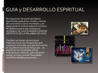 GUIA y DESARROLLO ESPIRITUAL Se impartiran de parte de lideres espirituales pequenas chralas y temas  de convivencio como ministerio y en especial de la mistica sobre el ministro de alabanza para que conozca su verdadero rol como EVANGELIZADOR ARTISTICO DE LA PALABRA DE DIOS. T ambien se haran correcciones fraternas entre los integrantes que muestren actitudes que atentan contra el  equilibrio espiritual del grupo .  se debatiran los resultados de las evaluaciones internas, para detectar vacios, errores, puntos favorables, inconformidades,propuestas ….. 