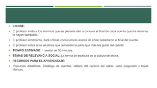  CIERRE:
 El profesor invita a los alumnos que en plenaria den a conocer el final de cada cuento que los alumnos
le hayan cambiado.
 El profesor símilmente, dará críticas constructivas acerca de cómo redactaron el final del cuento.
 El profesor indica a los alumnos que comenten la parte que más les gusto del cuento.
 TIEMPO ESTIMADO: 1 sesión de 50 minutos.
 TEMAS DE RELEVANCIA SOCIAL: La forma de escritura es la cultura de ahora.
 RECURSOS PARA EL APRENDIZAJE:
 Recursos didácticos: Catálogo de cuentos, tablero del caracol del saber, cubo preguntón y hojas
blancas.
 