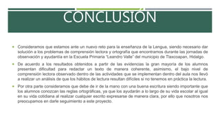 CONCLUSIÓN
 Consideramos que estamos ante un nuevo reto para la enseñanza de la Lengua, siendo necesario dar
solución a los problemas de comprensión lectora y ortografía que encontramos durante las jornadas de
observación y ayudantía en la Escuela Primaria “Leandro Valle” del municipio de Tlaxcoapan, Hidalgo.
 De acuerdo a los resultados obtenidos a partir de las evidencias la gran mayoría de los alumnos
presentan dificultad para redactar un texto de manera coherente, asimismo, el bajo nivel de
comprensión lectora observado dentro de las actividades que se implementan dentro del aula nos llevó
a realizar un análisis de que los hábitos de lectura resultan difíciles si no tenemos en práctica la lectura.
 Por otra parte consideramos que debe de ir de la mano con una buena escritura siendo importante que
los alumnos conozcan las reglas ortográficas, ya que los ayudarán a lo largo de su vida escolar al igual
en su vida cotidiana al realizar cualquier escrito expresarse de manera clara, por ello que nosotros nos
preocupamos en darle seguimiento a este proyecto.
 
