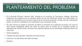PLANTEAMIENTO DEL PROBLEMA
 En la Escuela Primaria “Leandro Valle” ubicada en el municipio de Tlaxcoapan, Hidalgo, obtuvimos
evidencias del problema que se presenta dentro de los tres diferentes grupos de cuarto grado, en
donde nos percatamos que una gran mayoría de los alumnos presentan un bajo nivel de comprensión
lectora, lo cual se ve afectado en la comprensión oral y expresión escrita.
 De esta manera se origina la confusión de letras al momento de la redacción de textos, así como el
poco tiempo establecido dentro del salón de clases para la revisión de la ortografía aunado al
desinterés del maestro titular, teniendo como ejemplo algunas de las actividades realizadas dentro del
aula como:
 Textos biográficos.
 Trabajos de clase (apuntes, redacción de instrucciones).
 Lectura en voz alta dentro del salón de clases.
 Dictados.
 