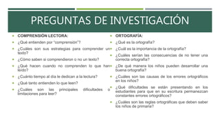 PREGUNTAS DE INVESTIGACIÓN
 COMPRENSIÓN LECTORA:
 ¿Qué entienden por “comprensión”?
 ¿Cuáles son sus estrategias para comprender un
texto?
 ¿Cómo saben si comprendieron o no un texto?
 ¿Qué hacen cuando no comprenden lo que han
leído?
 ¿Cuánto tiempo al día le dedican a la lectura?
 ¿Qué tanto entienden lo que leen?
 ¿Cuáles son las principales dificultades o
limitaciones para leer?
 ORTOGRAFÍA:
 ¿Qué es la ortografía?
 ¿Cuál es la importancia de la ortografía?
 ¿Cuáles serían las consecuencias de no tener una
correcta ortografía?
 ¿De qué manera los niños pueden desarrollar una
buena ortografía?
 ¿Cuáles son las causas de los errores ortográficos
en los niños?
 ¿Qué dificultades se están presentando en los
estudiantes para que en su escritura permanezcan
constantes errores ortográficos?
 ¿Cuáles son las reglas ortográficas que deben saber
los niños de primaria?
 
