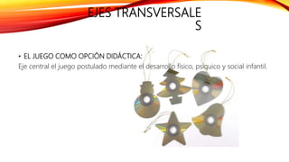 EJES TRANSVERSALE
S
• EL JUEGO COMO OPCIÓN DIDÁCTICA:
Eje central el juego postulado mediante el desarrollo físico, psíquico y social infantil.
 