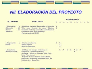 VIII. ELABORACIÓN DEL PROYECTO
ACTIVIDADES ESTRATEGIAS
CRONOGRAMA
Mz Ab My Jun Jul A Set Oc No Dc
1.-Planificación y
elaboración del
Proyecto de
Innovación
-Sensibilizar al personal docente sobre el uso de las
TICs, como elemento de apoyo didáctico,
innovador, práctico y actualizado, desarrollando en
el alumno un gusto por el aprendizaje.
-Previo acuerdo con APAFA
X
X
3.-Organización y
Gestión
-Solicitar capacitadores
-Señalar horarios
-Recursos financieros
X X
X
X
4.-Capacitación
Docente en las TIC
-Establecer convenios con instituciones en
computación e informática educativa.
- Capacitar y reforzar en Windows, Word, Excel,
Power Point, internet.
- Capacitar en el uso adecuado de los Software
educativos y herramientas informáticas (Clic, Hot
Potatoes, etc.) y demás Tics,
X X X X X
X
X X
 