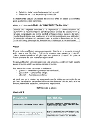  Definición de la “razón fundamental del negocio”
      Tiene que ser corta, específica y motivadora

Se recomienda ejecutar un proceso de consenso entre los socios u accionistas
para que la misión sea legitimada.

Ahora enunciaremos la Misión de “SUMEQUIPVEGA Cía. Ltda.”:

 Somos una empresa dedicada a la importación y comercialización de
 suministros e insumos médicos para hospitales y clínicas del sector público y
 privado con productos de óptima calidad, en las principales ciudades del país,
 mediante estrategias que coadyuven al crecimiento sostenido, que estimulen
 el desarrollo del personal, que contribuyan a satisfacer las exigencias de los
 consumidores y que auspicien rendimientos competitivos a los accionistas.


Visión

Es una pintura del futuro que queremos crear, descrita en el presente, como si
esto pasara hoy. Significa ¿Cuál es la empresa que queremos construir?,
¿Hacia dónde queremos ir? ¿En qué nos queremos convertir? La palabra
Visión proviene del latín videre que significa ver.

Según Joel Barker, visión sin acción es sólo un sueño, acción sin visión es sólo
pasar el tiempo, visión con acción cambia el tiempo.

Los elementos claves para crear la visión son:
   - ¿Qué? — Meta madre (tiene que ser verificable).
   - ¿Cuándo? — Compromiso y logro.
   - ¿Cómo? — Fuerzas conductoras.

Al igual que en la misión, se recomienda que la visión sea producto de un
proceso participativo, ya que la misión efectiva debe ser concisa, enfocada en
el valor, verificable, específica, compartida, inspiracional.

                                         Definición de la Visión

Cuadro Nº 2


PREGUNTAS                                                 RESPUESTAS
                                                          Im portar y com ercializar sum inistros e insum os
¿C u áles son los p roductos y/ se rvicios fu tu ros?
                               o                          m édicos especializados para las á re as m édicas de
                                                          Anestesiolog ía, C irug ía, UCI.


                                                          E l de una em presa inse rtad a en e l m arco le gal de l
¿S i tod o m archará com o se p lane ó, cu ál se ría la   país, au tom atizad a y m ane j a estratégicam ente
                                                                                         ad
situación de la em presa despu és de 5 años?              con técnicas de m arke ting, adm inistrativas ,
                                                          ge renciales y com erciales de alto re nd im iento.
 