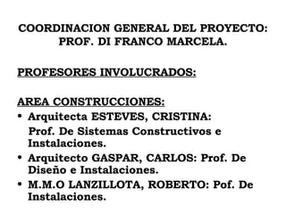COORDINACION GENERAL DEL PROYECTO: PROF. DI FRANCO MARCELA. PROFESORES INVOLUCRADOS: AREA CONSTRUCCIONES: Arquitecta ESTEVES, CRISTINA: Prof. De Sistemas Constructivos e Instalaciones. Arquitecto GASPAR, CARLOS: Prof. De Diseño e Instalaciones. M.M.O LANZILLOTA, ROBERTO: Pof. De Instalaciones. 