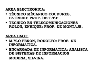 AREA ELECTRONICA: TÉCNICO MÉCANICO COUDURES, PATRICIO: PROF. DE T.T.P . TECNICO EN TELECOMUNICACIONES ROLON, ENRIQUE: PROF. DE MONTAJE. AREA BAOT: M.M.O PENON, RODOLFO: PROF. DE INFORMATICA. ENCARGADA DE INFORMATICA: ANALISTA DE SISTEMAS DE INFORMACION  MODENA, SILVINA. 
