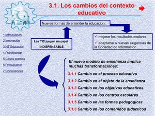3.1. Los cambios del contexto educativo Nuevas formas de entender la educacion: mejorar los resultados ecolares adaptarse a nuevas exigencias de la Sociedad de Informacion Las TIC juegan un papel  INDISPENSABLE 3.1.1  Cambio en el proceso educativo 3.1.2  Cambio en el objeto de la enseñanza 3.1.3  Cambio en los objetivos educativos 3.1.4  Cambio en los centros escolares 3.1.5  Cambio en las formas pedagogicas 3.1.6  Cambio en los contenidos didacticos El nuevo modelo de enseñanza implica muchas transformaciones: 1.Introducción 2.Innovación 3.NT Educación 4.Planificación 5.Casos practics 6.Presupuesto 7.Conclusiones 