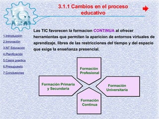 3.1.1 Cambios en el proceso educativo Las TIC favorecen la formacion  CONTINUA  al ofrecer herramientas que permiten la aparicion de entornos virtuales de aprendizaje, libres de las restricciones del tiempo y del espacio que exige la enseñanza presencial. Formación Profesional Formación Continua Formación Primaria y Secundaria Formación Universitaria 1.Introducción 2.Innovación 3.NT Educación 4.Planificación 5.Casos practics 6.Presupuesto 7.Conclusiones 