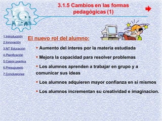 3.1.5 Cambios en las formas pedagógicas (1) El nuevo rol del alumno: Aumento del interes por la materia estudiada Mejora la capacidad para resolver problemas Los alumnos aprenden a trabajar en grupo y a comunicar sus ideas Los alumnos adquieren mayor confianza en si mismos Los alumnos incrementan su creatividad e imaginacion. 1.Introducción 2.Innovación 3.NT Educación 4.Planificación 5.Casos practics 6.Presupuesto 7.Conclusiones 