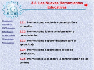 3.2. Las Nuevas Herramientas Educativas 3.2.1   Internet como medio de comunicación y expresión 3.2.2  Internet como fuente de información y conocimiento 3.2.3   Internet como soporte didáctico para el aprendizaje 3.2.4   Internet como soporte para el trabajo colaborativo 3.2.5   Internet para la gestión y la administración de los centros 1.Introducción 2.Innovación 3.NT Educación 4.Planificación 5.Casos practics 6.Presupuesto 7.Conclusiones 