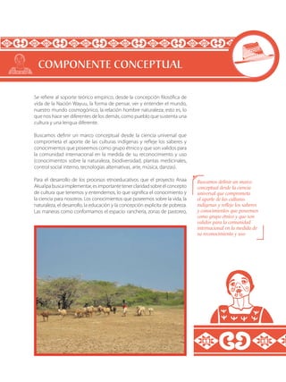 Se refiere al soporte teórico empírico, desde la concepción filosófica de
vida de la Nación Wayuu, la forma de pensar, ver y entender el mundo,
nuestro mundo cosmogónico, la relación hombre naturaleza; esto es, lo
que nos hace ser diferentes de los demás, como pueblo que sustenta una
cultura y una lengua diferente.
Buscamos definir un marco conceptual desde la ciencia universal que
comprometa el aporte de las culturas indígenas y refleje los saberes y
conocimientos que poseemos como grupo étnico y que son validos para
la comunidad internacional en la medida de su reconocimiento y uso
(conocimientos sobre la naturaleza, biodiversidad, plantas medicinales,
control social interno, tecnologías alternativas, arte, música, danzas).
Para el desarrollo de los procesos etnoeducativos que el proyecto Anaa
Akua’ipabuscaimplementar,esimportantetenerclaridadsobreelconcepto
de cultura que tenemos y entendemos, lo que significa el conocimiento y
la ciencia para nosotros. Los conocimientos que poseemos sobre la vida, la
naturaleza, el desarrollo, la educación y la concepción explicita de pobreza.
Las maneras como conformamos el espacio: ranchería, zonas de pastoreo,
COMPONENTE CONCEPTUAL
Buscamos definir un marco
conceptual desde la ciencia
universal que comprometa
el aporte de las culturas
indígenas y refleje los saberes
y conocimientos que poseemos
como grupo étnico y que son
validos para la comunidad
internacional en la medida de
su reconocimiento y uso
 
