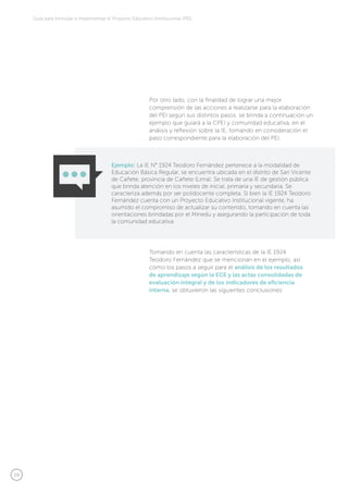 28
Guía para formular e implementar el Proyecto Educativo Institucional (PEI)
Por otro lado, con la finalidad de lograr una mejor
comprensión de las acciones a realizarse para la elaboración
del PEI según sus distintos pasos, se brinda a continuación un
ejemplo que guiará a la CPEI y comunidad educativa, en el
análisis y reflexión sobre la IE, tomando en consideración el
paso correspondiente para la elaboración del PEI.
Tomando en cuenta las características de la IE 1924
Teodoro Fernández que se mencionan en el ejemplo, así
como los pasos a seguir para el análisis de los resultados
de aprendizaje según la ECE y las actas consolidadas de
evaluación integral y de los indicadores de eficiencia
interna, se obtuvieron las siguientes conclusiones:
Ejemplo: La IE N° 1924 Teodoro Fernández pertenece a la modalidad de
Educación Básica Regular, se encuentra ubicada en el distrito de San Vicente
de Cañete, provincia de Cañete (Lima). Se trata de una IE de gestión pública
que brinda atención en los niveles de inicial, primaria y secundaria. Se
caracteriza además por ser polidocente completa. Si bien la IE 1924 Teodoro
Fernández cuenta con un Proyecto Educativo Institucional vigente, ha
asumido el compromiso de actualizar su contenido, tomando en cuenta las
orientaciones brindadas por el Minedu y asegurando la participación de toda
la comunidad educativa.
 