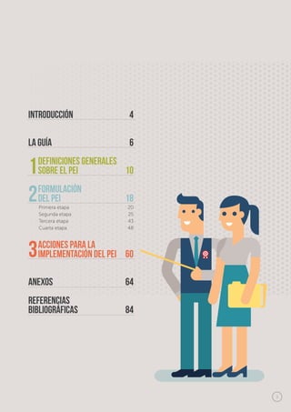N
I
O
Introducción
la guía
Definiciones Generales
sobre el PEI
Formulación
del PEI
acciones para La
implementación del PEI
Anexos
Referencias
bibliográficas
Primera etapa
Segunda etapa
Tercera etapa
Cuarta etapa
20
25
43
48
1
2
3
4
6
10
18
60
64
84
3
 