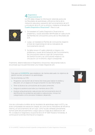 39
Ministerio de Educación
4Diagnóstico
situacional de la IE
La CPEI debe integrar la información obtenida acerca de
los Resultados de aprendizaje y eficiencia interna de la
institución educativa, evaluación del funcionamiento de la IE
y vinculación de la IE con su entorno, mediante el llenado del
Cuadro Diagnóstico Situacional12
. Para lo cual:
1.	 Se trasladará al Cuadro Diagnóstico Situacional los
problemas y causas asociadas identificadas en cada una de
las Plantillas de conclusiones acerca de los Resultados de
la IE.
2.	 Luego, se trasladará la Plantilla de conclusiones respecto
al Nivel de implementación de los indicadores de
funcionamiento de la IE.
3.	 Se debe revisar el Cuadro obtenido e integrar a los
problemas y causas de la Evaluación del Funcionamiento,
las conclusiones sobre el Logro de Compromisos
de Gestión Escolar y las conclusiones respecto a la
vinculación con el entorno, según corresponda.
Finalmente, deberá redactarse el Diagnóstico Situacional, relacionando todo lo
encontrado que nos permitirá tener una mirada integral de la IE.
12. En el ANEXO 7 podrá encontrarse la plantilla correspondiente al Cuadro Diagnóstico Situacional.
Este paso es ELEMENTAL para establecer, de manera adecuada, los objetivos de
gestión escolar centrada en los aprendizajes.
Se recomienda a la CPEI:
	 Programar una reunión de al menos tres horas para realizar el análisis y
discusión, en un espacio en el que la reunión no sea interrumpida.
	 Tener al alcance las conclusiones de los pasos anteriores.
	 Asegurar la asistencia de todos los miembros de la CPEI.
	 Analizar exhaustivamente cada proceso de funcionamiento de la IE,
identificando los problemas asociados a cada proceso, incluso los
categorizados como procesos fortaleza o desarrollo.
Una vez culminado el análisis de los resultados de aprendizaje según la ECE y las
actas consolidadas de evaluación integral, así como de los indicadores de eficiencia
interna y el funcionamiento de la IE que, como ha sido señalado previamente,
forman parte del procedimiento a seguir para la II Etapa de la elaboración del
PEI, se elaboró el diagnóstico situacional de la IE N° 1924 Teodoro Fernández. A
continuación se brinda información al respecto:
 