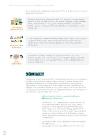 44
Guía para formular e implementar el Proyecto Educativo Institucional (PEI)
Para elaborar la identificación de la IE resulta necesario contar con la participación
de todos los miembros de la comunidad educativa. Se sugiere aprovechar la
Jornada de Reflexión de la IE para realizar las actividades correspondientes.
Previamente, se deberá preparar un espacio adecuado y sin interrupciones de
preferencia en las instalaciones de la IE así como contar con todos los materiales
necesarios y establecer las funciones y/o responsabilidades de los miembros de la
CPEI durante la realización de esta reunión.
1Presentación, revisión y validación del Cuadro
Diagnóstico Situacional
La CPEI cuenta ya con el diagnóstico situacional de la IE,
sobre la base del trabajo realizado en la etapa anterior.
Es necesario ahora presentar a la comunidad educativa
estos avances y recoger sus opiniones y sugerencias de
mejora en beneficio de la gestión escolar, y asegurando el
cumplimiento de la finalidad de la IE. Se sugiere tener en
cuenta las siguientes preguntas orientadoras al momento de
la socialización:
¿El contenido del Cuadro Diagnóstico Situacional refleja la
realidad de la IE?
¿Existe algún elemento que añadir o eliminar? ¿Por qué?
¿cómo hacer?
Como parte de esta etapa para la elaboración del PEI, se propone tomar en cuenta
la siguiente información:
Información
general de la IE
Son datos básicos de la identificación de la IE: (i) nombre, (ii) código modular y
de local, (iii) nivel (es) educativo (s) y turno en el que atiende, (iv) lengua materna
de las y los estudiantes, (v) UGEL y DRE a donde pertenece, (vi) dirección,
distrito, provincia y región y (vii) número telefónico, correo electrónico y web
institucional.
Principios de la
educación
Guían el quehacer cotidiano de la institución educativa. Según la Ley No 28044,
Ley general de educación, estos principios son: ética, equidad, inclusión,
calidad, democracia, interculturalidad, conciencia ambiental y creatividad
e innovación.
Visión
compartida
Considerando el marco obtenido por el sector educación y el análisis
situacional institucional, es el horizonte al que la IE deberá dirigirse, la meta a
mediano plazo; sirve de rumbo y aliciente para orientar las decisiones que se
tomen en el presente
 