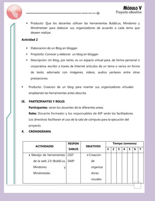 4
 Producto: Que los docentes utilicen las herramientas Bubbl.us, Mindomo y
Mindmeister para elaborar sus organizadores de acuerdo a cada tema que
deseen realizar .
Actividad 2
 Elaboracion de un Blog en blogger.
 Propósito: Conocer y eleborar un blog en blogger.
 Descripción: Un blog, por tanto, es un espacio virtual para, de forma personal o
corporativa, escribir a través de Internet artículos de un tema o varios en forma
de texto, adornado con imágenes, vídeos, audios yenlaces entre otras
prestaciones.
 Producto: Creacion de un blog para insertar sus organizadores virtuales
empleando las herramientas antes descrita.
IX. PARTICIPANTES Y ROLES
Participantes: seran los docentes de la diferentes areas.
Roles: Docente formador y los responsables de AIP serán los facilitadores.
Los directivos facilitaran el uso de la sala de cómputo para la ejecución del
proyecto.
X. CRONOGRAMA
ACTIVIDADES
RESPON
SABLES
OBJETIVOS
Tiempo (semanas)
1 2 3 4 5 6 7
 Manejo de herramientas
de la web 2.0 (Bubbl.us,
Mindomo y
Mindmeister.
CIST
DAIP
Creacion
de
organiza
dores
visuales
 