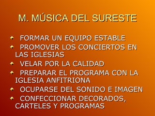 M. MÚSICA DEL SURESTE F OR MAR UN EQUIPO ESTABLE PROMOVER LOS CONCIERTOS EN LAS IGLESIAS VELAR POR LA CALIDAD PREPARAR EL PROGRAMA CON LA IGLESIA ANFITRIONA OCUPARSE DEL SONIDO E IMAGEN CONFECCIONAR DECORADOS, CARTELES Y PROGRAMAS 