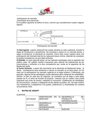 Proyecto de Inversión
-participación de mercado.
-crecimiento de la demanda.
En el gráfico siguiente se define el ciclo o camino que consideramos nuestro negocio
seguirá.
Participación de mercado
1) Interrogante: nuestro restaurant bar puede ubicarse en este cuadrante, durante la
etapa de introducción o lanzamiento. Se comienza a operar en un mercado donde, y
según la tendencia, la demanda es creciente. Como todo nuevo negocio tiene une
participación del mercado total de los restaurant bares mínima. Además de considerar
la amplia competencia a la que debe enfrentar.
2) Estrella: en esta segunda etapa, se han aplicado estrategias para la captación del
público meta. Se realizan fuertes inversiones para obtener las preferencias de los
consumidores y enfrentar a la dura competencia que existe en el segmento de los
Restaurant bares.
3) Vacas lecheras: a pesar del crecimiento de la demanda de Restaurant bares , la
oferta, consideramos tiene tendencia a saturar el mercado en el largo plazo. En tal
caso con la participación de mercado capta da en la etapa anterior y reforzando, por
períodos, algunas de las estrategias; puede obtenerse altos márgenes de rentabilidad.
4)Perro: si bien en este tipo de negocios, se considera que se llega a esta etapa
pasado los 8 o 9 años de iniciado el proyecto; creemos que en nuestro caso puede
superarse ese límite de tiempo, mediante la innovación, modificación de estrategias
de comunicación, cambios y adaptación de las ofertas al público, etc. De esta manera
nos mantenemos y adaptamos a los gustos, preferencia s y necesidades de nuestros
consumidores meta.
ii. MATRIZ DE ANSOFF
CLIENTES
ACTUALES
PENETRACIÓN EN EL
MERCADO
DESARROLLO DE
PRODUCTO O
DIFERENCIACION
NUEVOS
DESARROLLO DE
MERCADO O
DIFERENCIACIÓN
DIVERSIFICACION
ACTUALES NUEVOS
 