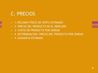 C. PRECIOS 
• 1.VÓLUMEN FÍSICO DE VENTA ESTIMADO 
• 2. PRECIO DEL PRODUCTO EN EL MERCADO 
• 3. COSTO DE PRODUCTO POR UNIDAD 
• 4. DETERMINACIÓN PRECIO DEL PRODUCTO POR UNIDAD 
• 5. GANANCIA ESTIMADA 
 