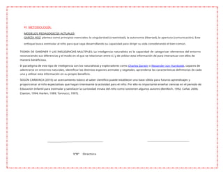 XI. METODOLOGÍA:
MODELOS PEDAGOGICOS ACTUALES
GARCÍA HOZ: plantea como principios esenciales: la singularidad (creatividad), la autonomía (libertad), la apertura (comunicación). Este
enfoque busca estimular al niño para que vaya desarrollando su capacidad para dirigir su vida considerando el bien común.
TEORIA DE GARDNER Y LAS INELIGENCIAS MULTIPLES: La inteligencia naturalista es la capacidad de categorizar elementos del entorno
reconociendo sus diferencias y el modo en el que se relacionan entre sí, y de utilizar esta información de para interactuar con ellos de
manera beneficiosa.
El paradigma de este tipo de inteligencia son los naturalistas y exploradores como Charles Darwin o Alexander von Humboldt, capaces de
adentrarse en entornos naturales, identificar las distintas especies animales y vegetales, aprenderse las características definitorias de cada
una y utilizar esta información en su propio beneficio.
SEGÚN CARAVACA (2010) un acercamiento básico al saber científico puede establecer una base sólida para futuros aprendizajes y
proporcionar al niño expectativas que hagan interesante la actividad para el niño. Por ello es importante enseñar ciencias en el periodo de
Educación Infantil para estimular y satisfacer la curiosidad innata del niño como sostienen algunos autores (Benlloch, 1992; Cañal, 2006;
Claxton, 1994; Harlen, 1989; Tonnucci, 1997).
VºBº Directora
 