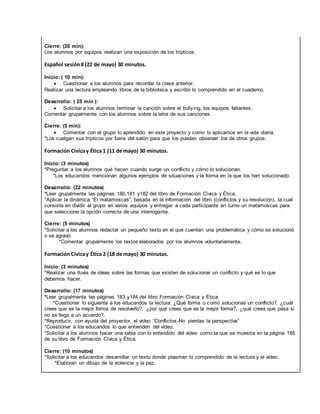Cierre: (20 min):
Los alumnos por equipos realizan una exposición de los trípticos.
Español sesión8 (22 de mayo) 30 minutos.
Inicio: ( 10 min):
 Cuestionar a los alumnos para recordar la clase anterior.
Realizar una lectura empleando libros de la biblioteca y escribir lo comprendido en el cuaderno.
Desarrollo: ( 25 min ):
 Solicitar a los alumnos terminar la canción sobre el bullying, los equipos faltantes.
Comentar grupalmente con los alumnos sobre la letra de sus canciones.
Cierre: (5 min):
 Comentar con el grupo lo aprendido en este proyecto y como lo aplicamos en la vida diaria.
*Los cuelgan sus trípticos por fuera del salón para que los puedan observar los de otros grupos.
Formación Cívicay Ética 1 (11 de mayo) 30 minutos.
Inicio: (3 minutos)
*Preguntar a los alumnos qué hacen cuando surge un conflicto y cómo lo solucionan.
*Los educandos mencionan algunos ejemplos de situaciones y la forma en la que los han solucionado.
Desarrollo: (22 minutos)
*Leer grupalmente las páginas 180,181 y182 del libro de Formación Cívica y Ética.
*Aplicar la dinámica “El matamoscas”, basada en la información del libro (conflictos y su resolución), la cual
consiste en dividir al grupo en varios equipos y entregar a cada participante en turno un matamoscas para
que seleccione la opción correcta de una interrogante.
Cierre: (5 minutos)
*Solicitar a los alumnos redactar un pequeño texto en el que cuentan una problemática y cómo se solucionó
o se agravó.
*Comentar grupalmente los textos elaborados por los alumnos voluntariamente.
Formación Cívicay Ética 2 (18 de mayo) 30 minutos.
Inicio: (3 minutos)
*Realizar una lluvia de ideas sobre las formas que existen de solucionar un conflicto y qué es lo que
debemos hacer.
Desarrollo: (17 minutos)
*Leer grupalmente las páginas 183 y184 del libro Formación Cívica y Ética.
*Cuestionar lo siguiente a los educandos la lectura: ¿Qué forma o como solucionas un conflicto?, ¿cuál
crees que es la mejor forma de resolverlo?, ¿por qué crees que es la mejor forma?, ¿qué crees que pasa si
no se llega a un acuerdo?.
*Reproducir, con ayuda del proyector, el video “Conflictos-No pierdas la perspectiva”
*Cuestionar a los educandos lo que entienden del video.
*Solicitar a los alumnos hacer una tabla con lo entendido del video como la que se muestra en la página 185
de su libro de Formación Cívica y Ética.
Cierre: (10 minutos)
*Solicitar a los educandos desarrollar un texto donde plasman lo comprendido de la lectura y el video.
*Elaboran un dibujo de la violencia y la paz.
 