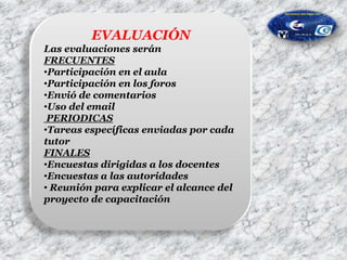 MODULO 8 - SLDEntornos de aprendizaje 3dAplicación de PACIE en los MUVE'sCamino hacia el elearningMUVE's, Second Life y SloodleMODULO 9 - ESVIntegración de las TIC en la educaciónEventos digitalesSociedad del conocimientoSimulación webTecnología para elearningMODULO 10 - EPESolución de casos elearning realesVirtualidad operativa y administrativaManejo financiero de recursos internacionalesIntegración webMODULO X - DPGEntrevista como expertoDefensa del postgrado