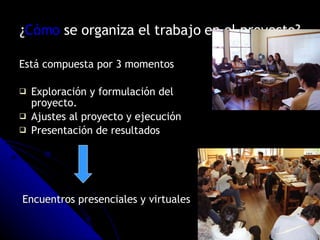 ¿ Cómo   se organiza el trabajo en el proyecto? Está compuesta por 3 momentos  Exploración y formulación del proyecto. Ajustes al proyecto y ejecución Presentación de resultados  Encuentros presenciales y virtuales 
