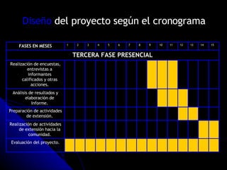 Diseño  del proyecto según el cronograma FASES EN MESES 1  2 3 4 5 6 7 8 9 10 11 12 13 14 15 TERCERA FASE PRESENCIAL Realización de encuestas, entrevistas a informantes calificados y otras acciones. Análisis de resultados y elaboración de Informe. Preparación de actividades de extensión. Realización de actividades de extensión hacia la comunidad. Evaluación del proyecto. 