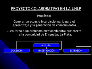 PROYECTO COLABORATIVO EN LA UNLP Propósito: Generar un espacio interdisciplinario para el aprendizaje y la generación de conocimientos … …  en torno a un problema medioambiental que afecta a la comunidad de Ensenada, La Plata.  Articular DOCENCIA INVESTIGACIÓN EXTENSIÓN 