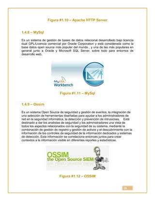 18
Figura #1.10 – Apache HTTP Server
1.4.8 – MySql
Es un sistema de gestión de bases de datos relacional desarrollado bajo licencia
dual GPL/Licencia comercial por Oracle Corporation y está considerada como la
base datos open source más popular del mundo , y una de las más populares en
general junto a Oracle y Microsoft SQL Server, sobre todo para entornos de
desarrollo web.
Figura #1.11 – MySql
1.4.9 – Ossim
Es un sistema Open Source de seguridad y gestión de eventos, la integración de
una selección de herramientas diseñadas para ayudar a los administradores de
red en la seguridad informática, la detección y prevención de intrusiones. Está
destinado a dar los analistas de seguridad y los administradores una vista de
todos los aspectos relacionados con la seguridad de su sistema, mediante la
combinación de gestión de registro y gestión de activos y el descubrimiento con la
información de los controles de seguridad de la información dedicados y sistemas
de detección. Esta información se correlaciona entonces juntos para crear
contextos a la información visible en diferentes reportes y estadísticas.
Figura #1.12 – OSSIM
 