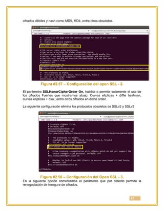 57
cifrados débiles y hash como MD5, MD4, entre otros obsoletos.
Figura #2.57 – Configuración del open SSL - 2.
El parámetro SSLHonorCipherOrder On, habilita o permite solamente el uso de
los cifrados Fuertes que mostramos abajo: Curvas elípticas + diffie healman,
curvas elípticas + dsa,, entro otros cifrados en dicho orden.
La siguiente configuración elimina los protocolos obsoletos de SSLv2 y SSLv3
Figura #2.58 – Configuración del Open SSL - 3.
En la siguiente opción comentamos el parámetro que por defecto permite la
renegociación de insegura de cifrados.
 