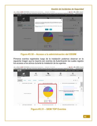 Gestión de Incidentes de Seguridad
82
Figura #3.30 – Acceso a la administración del OSSIM
Primeros eventos registrados luego de la instalación podemos observar en la
siguiente imagen que la mayoría son eventos de Autenticación los cuales registra
los accesos a los activos durante la instalación de los agentes.
Figura #3.31 – SIEM TOP Eventos
 