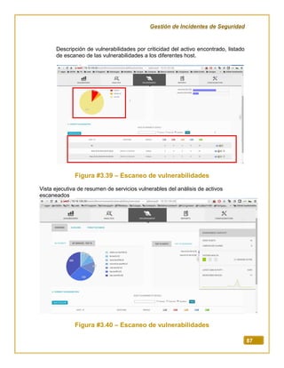 Gestión de Incidentes de Seguridad
87
Descripción de vulnerabilidades por criticidad del activo encontrado, listado
de escaneo de las vulnerabilidades a los diferentes host.
Figura #3.39 – Escaneo de vulnerabilidades
Vista ejecutiva de resumen de servicios vulnerables del análisis de activos
escaneados
Figura #3.40 – Escaneo de vulnerabilidades
 