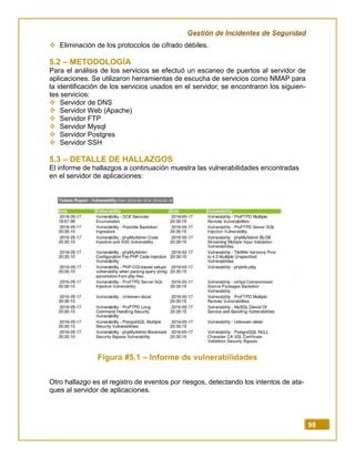 Gestión de Incidentes de Seguridad
98
 Eliminación de los protocolos de cifrado débiles.
5.2 – METODOLOGÍA
Para el análisis de los servicios se efectuó un escaneo de puertos al servidor de
aplicaciones. Se utilizaron herramientas de escucha de servicios como NMAP para
la identificación de los servicios usados en el servidor, se encontraron los siguien-
tes servicios:
 Servidor de DNS
 Servidor Web (Apache)
 Servidor FTP
 Servidor Mysql
 Servidor Postgres
 Servidor SSH
5.3 – DETALLE DE HALLAZGOS
El informe de hallazgos a continuación muestra las vulnerabilidades encontradas
en el servidor de aplicaciones:
Figura #5.1 – Informe de vulnerabilidades
Otro hallazgo es el registro de eventos por riesgos, detectando los intentos de ata-
ques al servidor de aplicaciones.
 