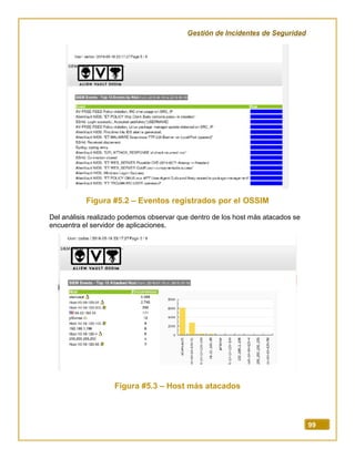 Gestión de Incidentes de Seguridad
99
Figura #5.2 – Eventos registrados por el OSSIM
Del análisis realizado podemos observar que dentro de los host más atacados se
encuentra el servidor de aplicaciones.
Figura #5.3 – Host más atacados
 