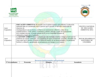P á g i n a | 32
Recursos institucionales sede principal
N° de estudiantes Preescolar Primaria Secundaria
Autor
Corporativo
EDUCACIÓN AMBIENTAL De acuerdo con el carácter sistémico del ambiente, la educación
ambiental debe ser considerada como el proceso que le permite al individuo comprender las
relaciones de
interdependencia con su entorno, con base en el conocimiento reflexivo y crítico de su
realidad biofísica, social, política, económica y cultural, para que, a partir de la apropiación
de la realidad concreta, se puedan generar en él y en su comunidad actitudes de
valoración y respeto por el ambiente.
POLITICA NACIONAL
DE EDUCACIÓN
AMBIENTAL SINA
Autor
Corporativo
La GESTIÓN AMBIENTALes un proceso que está orientado a resolver, mitigar y/o prevenir los
problemas de carácter ambiental, con el propósito de lograr un desarrollo sostenible, entendido éste
como aquel que le permite al hombre el desenvolvimiento de sus potencialidades y su patrimonio
biofísico y cultural y, garantizando su permanencia en el tiempo y en el espacio.
RED DE DESARROLLO
SOSTENIBLE DE
COLOMBIA
 