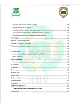 P á g i n a | 7
Indicador Ambiental de Entradas y Salidas:.................................................................................. 18
Nivel de detalles para el análisis: .................................................................................................. 19
Entrada de análisis y salida, mapa de procesos:........................................................................... 20
Ilustración de la metodología de aforo para los residuos sólidos: ............................................... 21
Control y seguimiento para el manejo de residuos sólidos:......................................................... 22
MATRIZ DOFA.................................................................................................................................... 23
ANÁLISIS CAUSA CONSECUENCIA ..................................................................................................... 23
Cantidad de canecas o recipientes.................................................................................................... 28
Producción per cápita de residuos.................................................................................................... 28
........................................................................................................................................................... 28
5. listado tablas. ................................................................................................................................ 29
Conformación del EIP (equipo interdisciplinario PGIRS)............................................................... 29
Marco conceptual ......................................................................................................................... 30
Marco conceptual............................................................................................................................ 31
Recursos institucionales sede principal ........................................................................................ 32
6. Acrónimos ..................................................................................................................................... 34
7. Resumen........................................................................................................................................ 35
8. Summary ....................................................................................................................................... 36
8. Marco legal.................................................................................................................................... 37
Marco legal ...................................................................................................................................... 37
9. Marco Teórico ............................................................................................................................... 48
10. Metodología................................................................................................................................ 50
Resultados......................................................................................................................................... 51
RESIDUOS SÓLIDOS................................................................................................................... 53
1. ENCUESTA SOBRE RESIDUOS SÓLIDOS.................................................................... 53
Conclusiones ..................................................................................................................................... 62
 